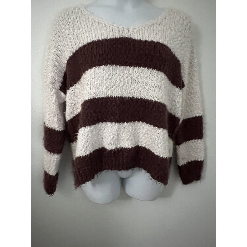 MIRACLE USA WOMEN'S Eyelash Soft Fuzzy V Neck Sweater Plum Cream Stripe Medium L